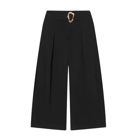 Women High Waist Wide Leg Pants Fashion Casual Solid Black Trousers With Gold Metal Buckle Decoration Streetwear Bottoms
