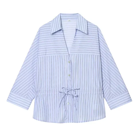 Damen Casual Gestreiftes Langarm Hemd Modische Schleife Taille Knopfleiste Bluse Büro Lady Elegantes Top