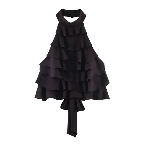 Top Sin Mangas De Moda Para Mujer Con Cuello Halter Georgette Volantes En Capas Lunares Espalda Descubierta Lazo Sexy Ajustado Top Casual De Verano