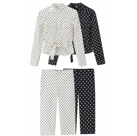 Dames Casual Polka Dot Lange Mouw Overhemd Bovenkleding En Broek Bovenkant En Onderkant Set Strikceintuur Westerse Stijl Outfits