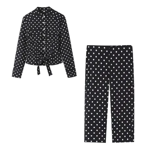 Dames Casual Polka Dot Lange Mouw Overhemd Bovenkleding En Broek Bovenkant En Onderkant Set Strikceintuur Westerse Stijl Outfits