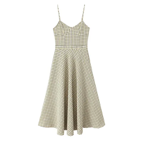 Women Sexy Spaghetti Strap V Neck Gingham Plaid Midi Dress Vintage High Waist A Line Flared Hem Textured Summer Dress