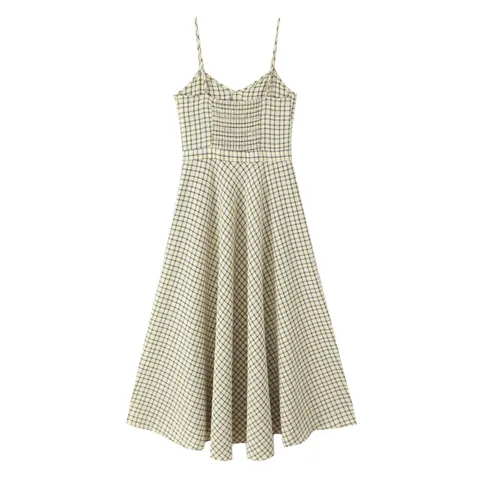 Women Sexy Spaghetti Strap V Neck Gingham Plaid Midi Dress Vintage High Waist A Line Flared Hem Textured Summer Dress