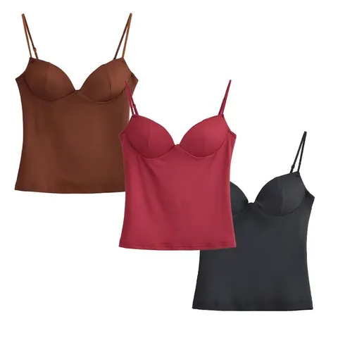 Elegant Women Slim Fit Sculpting Bustier Top Solid Color Spaghetti Strap Padded Camisole Casual Fashion Summer Party Top