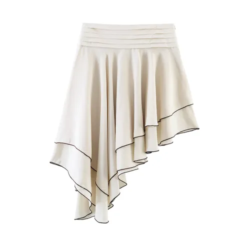 Women Fashion High Waist Asymmetric Layered Mini Skirt Contrast Binding Ruffle Hem Solid Color Streetwear Skater Skirt