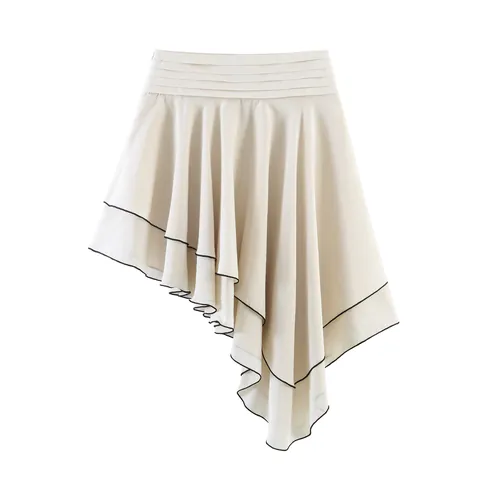 Women Fashion High Waist Asymmetric Layered Mini Skirt Contrast Binding Ruffle Hem Solid Color Streetwear Skater Skirt