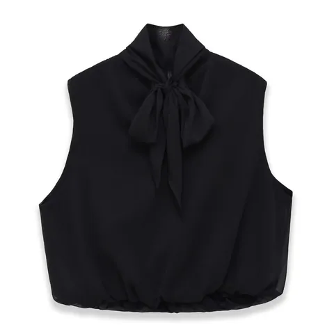 Top Plisado Sin Mangas de Cuello Alto para Mujer Elegante Blusa de Poliéster con Lazo Moda Casual Estilo Socialité Top