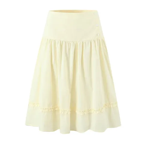 Women High Waist A-Line Mini Skirt With Round Buckle Ruffle Trim Fashion Solid Color Polyester Casual Bottom