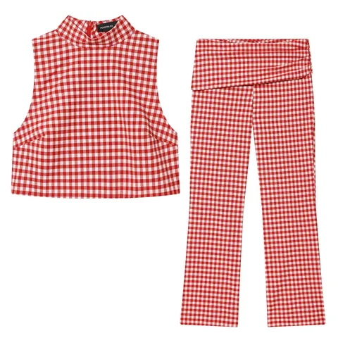 Women Casual Gingham Plaid Top And Bottom Sleeveless High Neck Crop Top High Waist Flare Pants Red White Grid Street Style Outfit