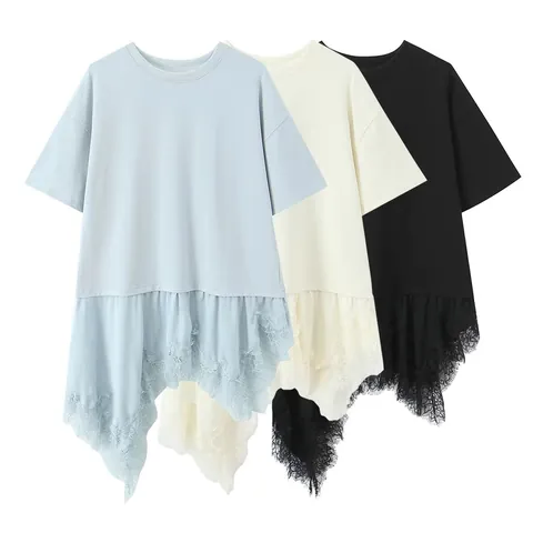 Women Casual Polyester Lace Patchwork T-Shirt Asymmetrical Hem Round Neck Short Sleeve Top Western Style Streetwear Clothing