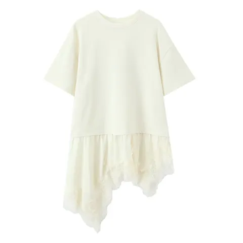 Women Casual Polyester Lace Patchwork T-Shirt Asymmetrical Hem Round Neck Short Sleeve Top Western Style Streetwear Clothing