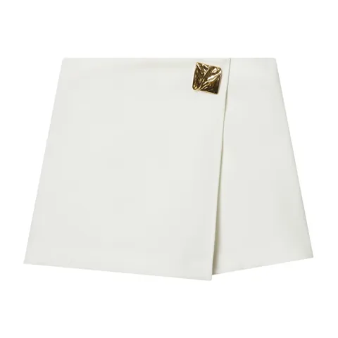 Women's Fashion Asymmetrical Skort White High Waist Wrap Short Skirt With Gold Metal Buckle Streetwear Polyester Bottoms