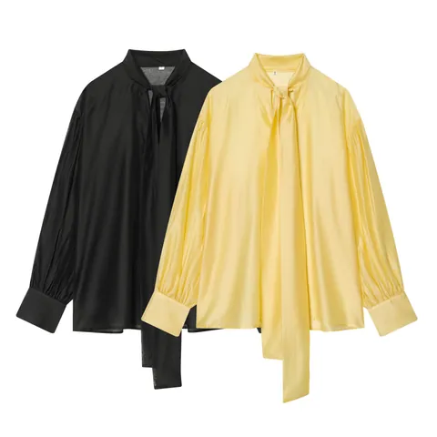Blusa Elegante de Satén con Lazo para Mujer Camisa de Moda Holgada de Manga Larga para Oficina Informal Color Sólido Top de Poliéster