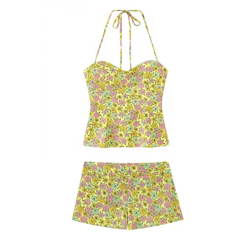 Ensemble Top Dos Nu et Mini Short pour Femmes Jaune Floral Polyester Smocks Été Sans Manches Dos Nu Décontracté