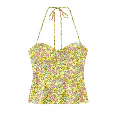 Ensemble Top Dos Nu et Mini Short pour Femmes Jaune Floral Polyester Smocks Été Sans Manches Dos Nu Décontracté