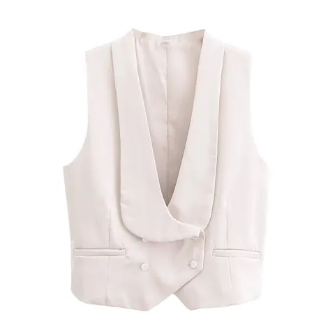 Women Fashion Shawl Lapel Double Breasted Slim Fit Polyester Waistcoat Vest Solid Color Elegant Office Formal Party Wear Top