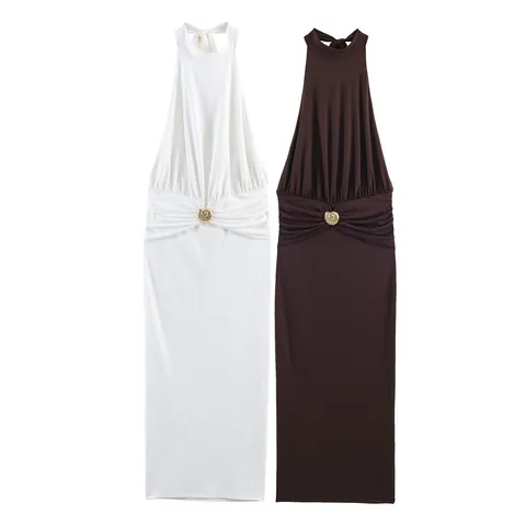 Women Halter Neck Ruched Dress Sexy Sleeveless Midi Dress With Metal Buckle Elegant Bodycon Cocktail Party Clubwear Dress