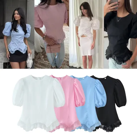 Women Fashion Puff Sleeve T-Shirt Elegant Lace Trim Round Neck Short Sleeve Top Casual Solid Color Polyester Blouse For Women