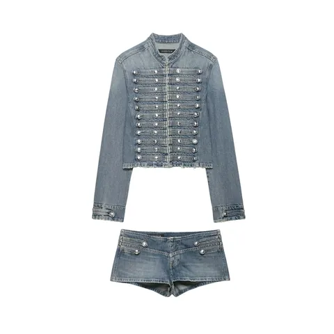 Conjunto De Top Y Bottom Para Mujer Chaqueta Vaquera Estilo Militar Retro Y Pantalones Cortos Color Sólido Dobladillo Deshilachado