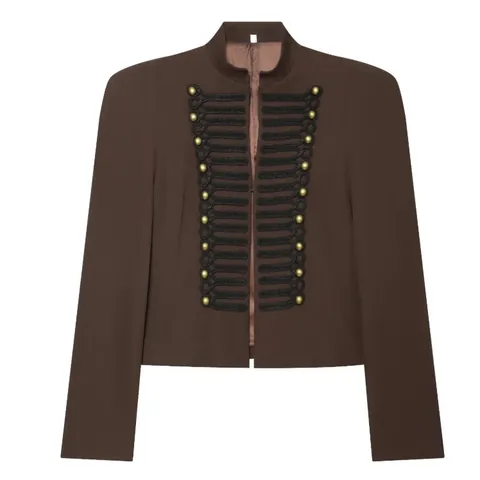 Women Vintage Military Style Blazer Jacket Slim Fit Padded Shoulder Gold Button Frogging Stand Collar Short Blazer Coat Outerwear