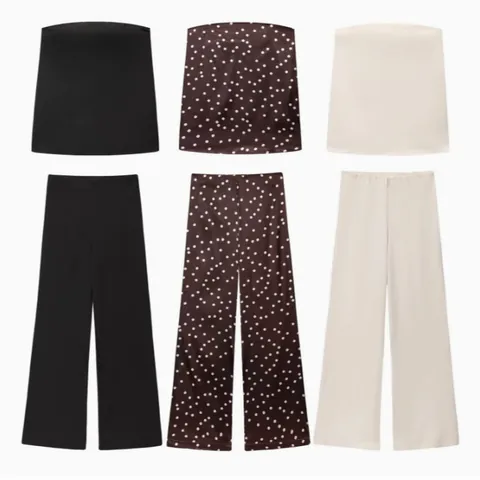 Damen Satin-Optik Bandeau-Top Und Weite Hose Lässig Mode Polka Dot Einfarbig Top Oder Unterteil Kleidung Für Frauen
