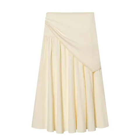 Women Elegant Cream Midi Skirt Wrap Scarf Design Lace Trim Side Tie-Up Pleated Solid Color Polyester High Waist Skirt
