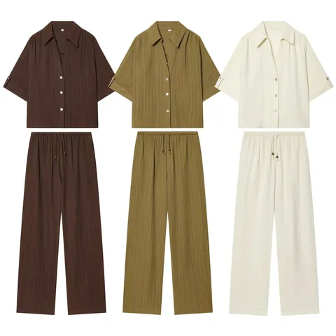 Women Casual Vertical Crinkle Texture Short Sleeve Lapel Button Shirt Or High Waist Wide Leg Long Pants Solid Color Fashion Top Bottom