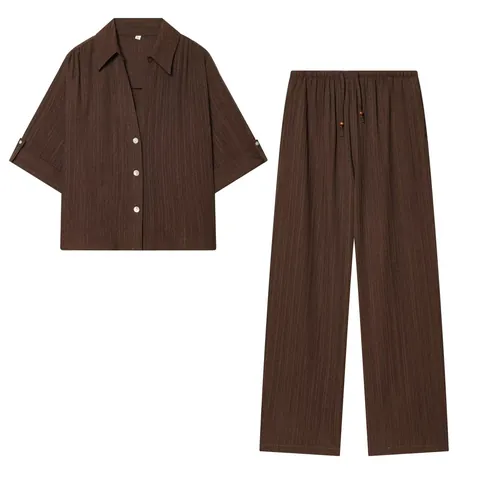 Women Casual Vertical Crinkle Texture Short Sleeve Lapel Button Shirt Or High Waist Wide Leg Long Pants Solid Color Fashion Top Bottom