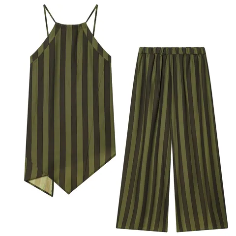 Women Casual Striped Halter Irregular Hem Top And Wide Leg Pants Army Green Sleeveless Top High Waist Bottoms Co-ord Set