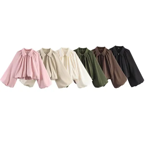 Veste Bomber à Manches Ballon pour Femmes Revers Fermeture Éclair Court Couleur Unie Polyester Manteau Décontracté pour le Quotidien