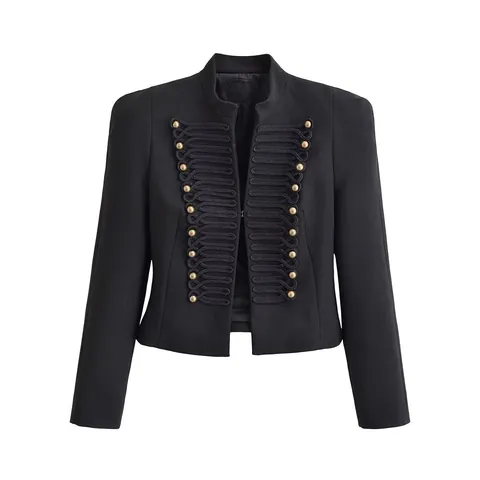Women's Military Style Slim Fit Blazer Gold Double Breasted Buttons Braided Trim Stand Collar Shoulder Pads Short Jacket