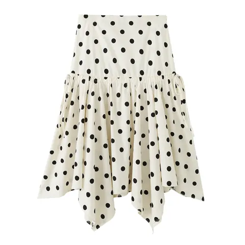 Women Fashion Asymmetric Polka Dot Mini Skirt Polyester Ruffle Drawstring High Waist A-Line Skirt for Summer Casual Party Wear