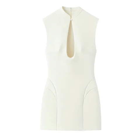 Dames Sexy Hooggesloten Cut-out Mini Jurk Mouwloos Bodycon Effen Kleur Gebroken Wit Elegant Chique Party Jurk