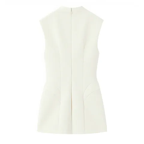 Dames Sexy Hooggesloten Cut-out Mini Jurk Mouwloos Bodycon Effen Kleur Gebroken Wit Elegant Chique Party Jurk