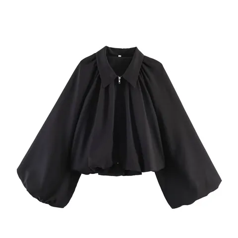 Veste Bomber à Manches Ballon pour Femmes Revers Fermeture Éclair Court Couleur Unie Polyester Manteau Décontracté pour le Quotidien