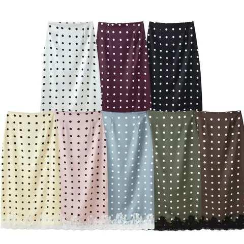 Women's Polka Dot Lace Patchwork Midi Skirt Elegant High Waist Satin Bottom Streetwear Casual Skirt