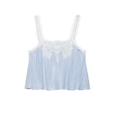 Women European American Style Lace Embroidered Top And Midi Skirt Set Elegant Light Blue Crinkled Polyester Clothing