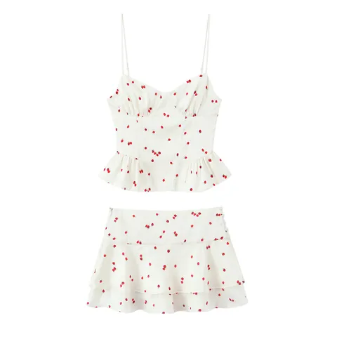 Women Strawberry Print Satin Peplum Cami Top And Tiered Mini Skirt Matching Set White Red Gathered Casual Summer Top Bottom
