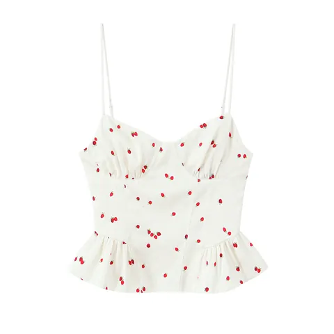Women Strawberry Print Satin Peplum Cami Top And Tiered Mini Skirt Matching Set White Red Gathered Casual Summer Top Bottom