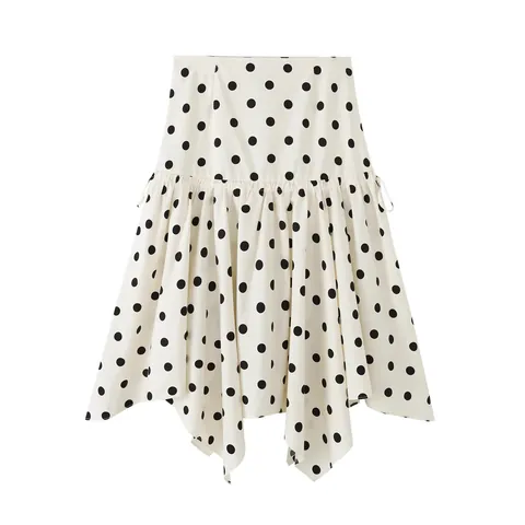 Women Fashion Asymmetric Polka Dot Mini Skirt Polyester Ruffle Drawstring High Waist A-Line Skirt for Summer Casual Party Wear