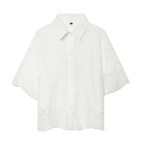 Dames Korte Mouw Opengewerkt Borduurwerk Overhemd Casual Witte Blouse Top Mode Kanten Kraag Top