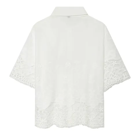 Dames Korte Mouw Opengewerkt Borduurwerk Overhemd Casual Witte Blouse Top Mode Kanten Kraag Top