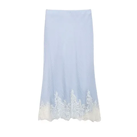 Women European American Style Lace Embroidered Top And Midi Skirt Set Elegant Light Blue Crinkled Polyester Clothing