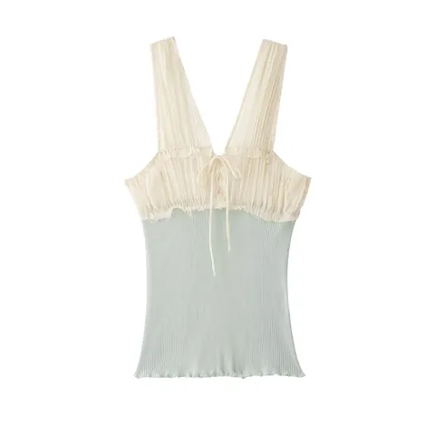 Dames Sexy Patchwork Cami Top Geplooid V-Hals Ribgebreid Mouwloos Slim Fit Crop Top Zomer Streetwear Mode Top