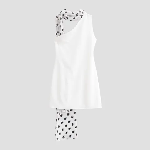 Damen Neckholder Mini Kleid Polyester Punktiert Schal Dekor Ärmellos One Shoulder Sexy Mode Weiß Kurz Party Kleid