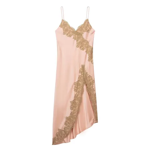 Abito Maxi Cami in Raso da Donna con Finiture in Pizzo Scollo a V Spalline Sottili Orlo Asimmetrico Poliestere Rosa