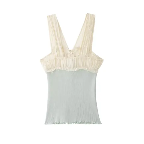 Dames Sexy Patchwork Cami Top Geplooid V-Hals Ribgebreid Mouwloos Slim Fit Crop Top Zomer Streetwear Mode Top