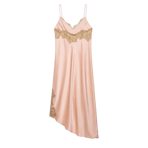 Abito Maxi Cami in Raso da Donna con Finiture in Pizzo Scollo a V Spalline Sottili Orlo Asimmetrico Poliestere Rosa