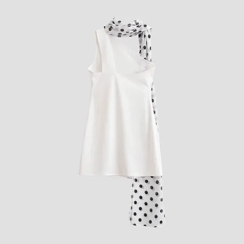 Damen Neckholder Mini Kleid Polyester Punktiert Schal Dekor Ärmellos One Shoulder Sexy Mode Weiß Kurz Party Kleid