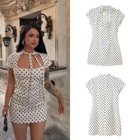 Mujer Vestido Mini de Lunares Calado Cordones Lazo Cuello Sexy Manga Corta Poliéster Ajustado Acampanado Vestido Moda Verano Vestido Bodycon
